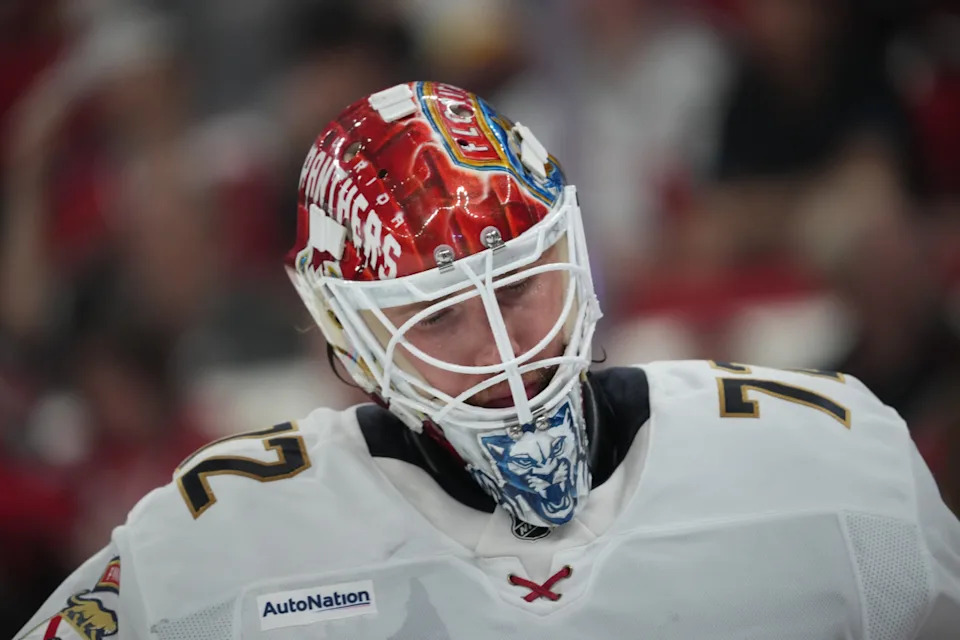 Florida Panthers goaltender Sergei Bobrovsky (72) skates between plays against the Carolina Hurricanes.James Guillory-Imagn Images