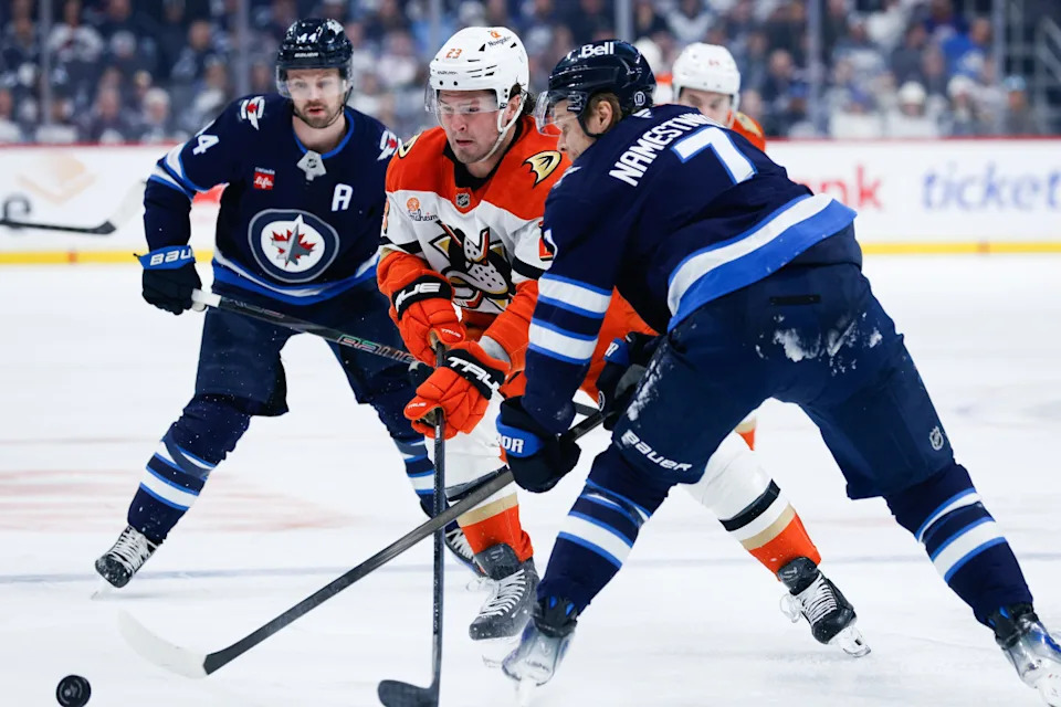 Winnipeg Jets forward Vladislav Namestnikov (7) checks Anaheim Ducks forward Mason McTavish (23).Terrence Lee-Imagn Images