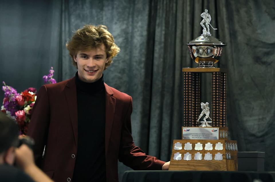 Medicine Hat Tigers' Gavin McKenna  after being awarded the Canadian Hockey League Rookie of the Year in Frankenmuth, Mich., Saturday, June 1, 2024. THE CANADIAN PRESS/Duane Burleson