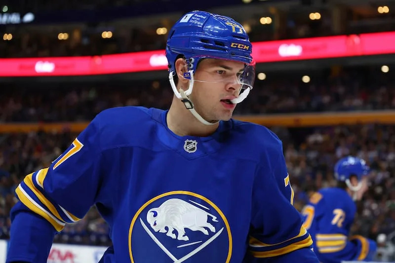 Buffalo Sabres right wing JJ Peterka (77) skates during the first period of an NHL hockey game against the Minnesota Wild Wednesday, Nov. 27, 2024, in Buffalo, N.Y. | Jeffrey T. Barnes