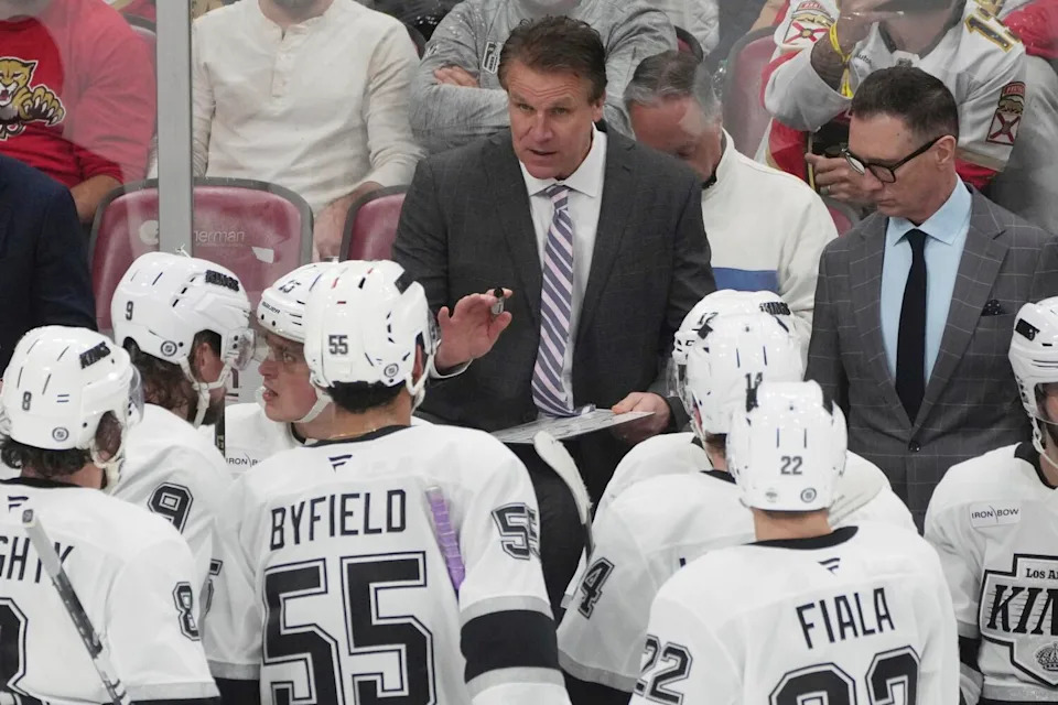 Kings coach Jim Hiller talks to his players during a game against the Florida Panthers in January.