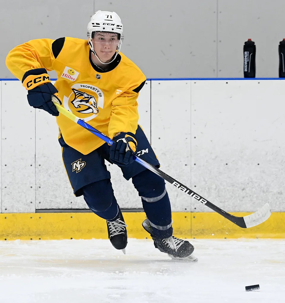 Nashville Predators defenseman Cameron Reid (71) skates to the puck during a Nashville Predators development camp practice at the Centennial Sportsplex Monday, June 29, 2025, in Nashville, Tenn.