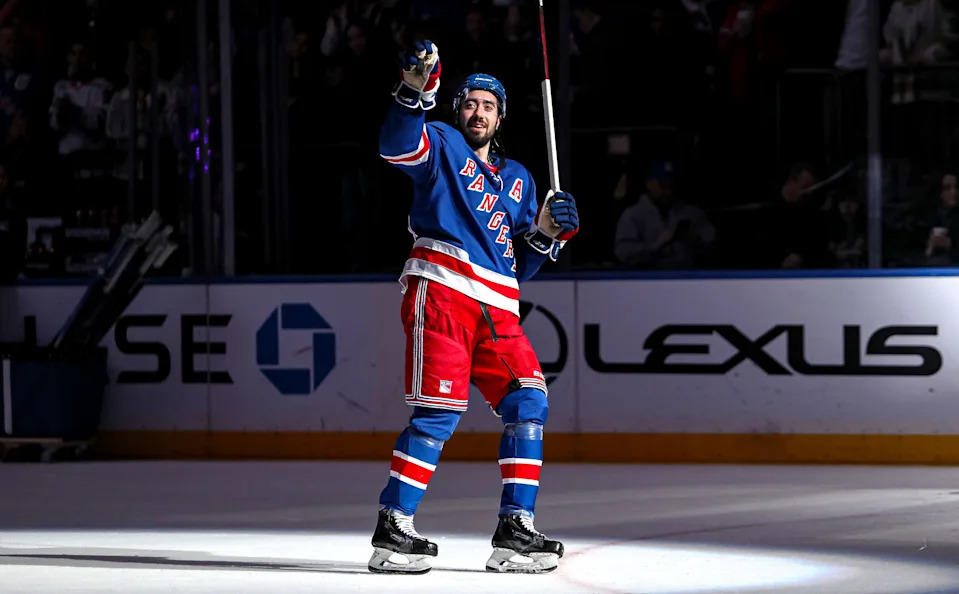 Feb 2, 2025; New York, New York, USA; New York Rangers center Mika Zibanejad (93) waves to fans after a 4-2 win against the Vegas Golden Knights at Madison Square Garden. Mandatory Credit: Danny Wild-Imagn Images