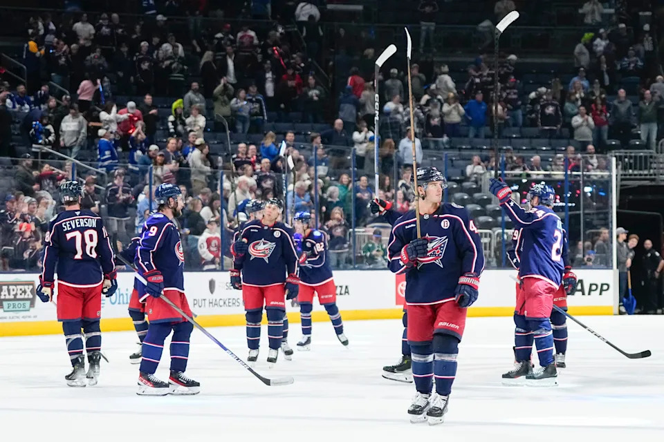 Oct 22, 2024; Columbus, Ohio, USA; Columbus Blue Jackets players salute the fans following the 6-2 win over the Toronto Maple Leafs in the NHL hockey game at Nationwide Arena.
