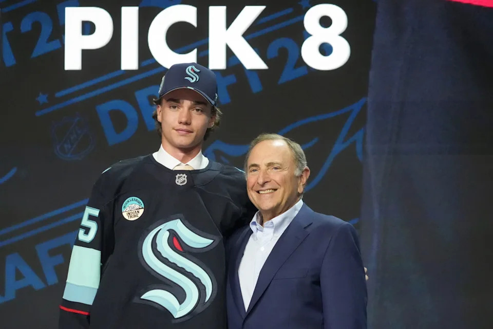 Jake O'Brien is selected as the eighth overall pick to the Seattle Kraken in the first round of the 2025 NHL Draft at Peacock Theater. Mandatory Credit: Kirby Lee-Imagn Images