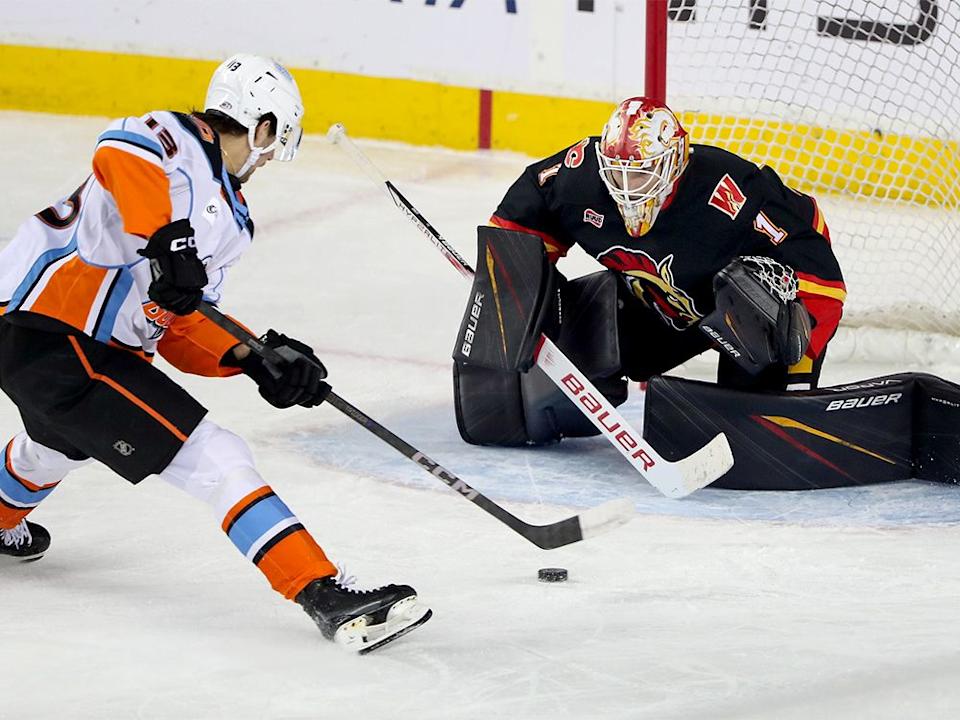 Calgary Wranglers goaltender Devin Cooley stares down San Diego Gulls forward Nikita Nesterenko on a breakaway.