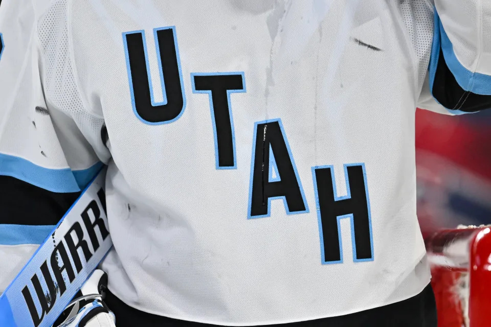 MONTREAL, CANADA - NOVEMBER 26:  A closeup view of the Utah Hockey Club logo on a jersey during the second period against the Montreal Canadiens at the Bell Centre on November 26, 2024 in Montreal, Quebec, Canada.  The Utah Hockey Club defeated the Montreal Canadiens 3-2 in overtime.  (Photo by Minas Panagiotakis/Getty Images)