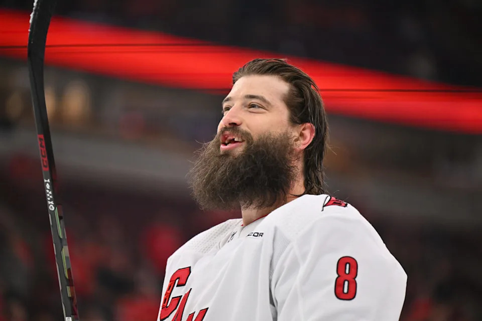 New Colorado Avalanche defenseman Brent Burns warms up before a Carolina Hurricanes game.Jamie Sabau-Imagn Images