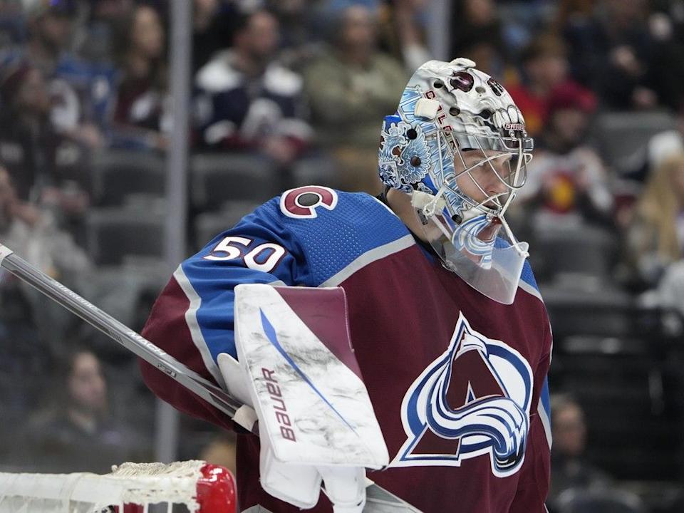 Colorado Avalanche goaltender Ivan Prosvetov prepares for play to resume in the second period of an NHL hockey game against the Florida Panthers Saturday, Jan. 6, 2024, in Denver.