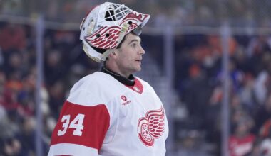 Alex Lyon plays during an NHL hockey game, Tuesday, Jan. 21, 2025, in Philadelphia. (AP Photo/Matt Slocum)