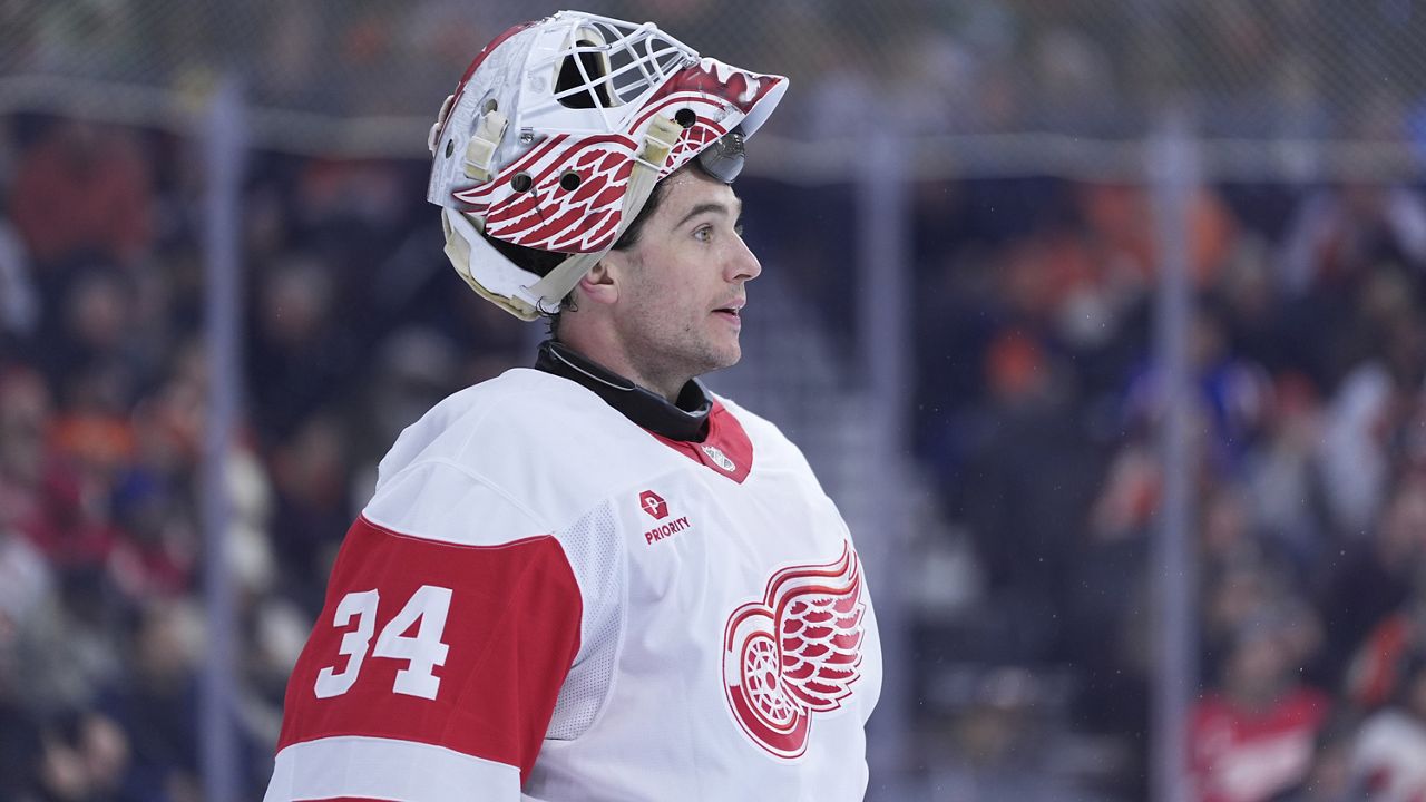 Alex Lyon plays during an NHL hockey game, Tuesday, Jan. 21, 2025, in Philadelphia. (AP Photo/Matt Slocum)