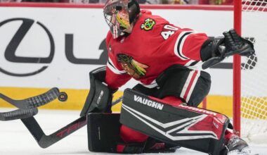 Chicago Blackhawks goaltender Arvid Soderblom deflects a shot during the first period an NHL hockey game against the Nashville Predators, Tuesday, Dec. 5, 2023, in Chicago. (AP Photo/Erin Hooley)