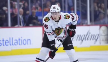 Chicago Blackhawks' Louis Crevier plays during an NHL hockey game, Saturday, Nov. 23, 2024, in Philadelphia. (AP Photo/Matt Slocum)