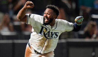 Tampa Bay Rays' Junior Caminero reacts after scoring the game-winning run during the ninth inning of a baseball game Thursday, June 5, 2025, in Tampa, Fla. (AP Photo/Chris O'Meara)