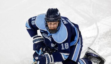 FILE - Maine forward Taylor Makar (18) reacts during the first period of an NCAA hockey game against Northeastern on Oct. 26, 2024, in Boston. (AP Photo/Greg M. Cooper, file)