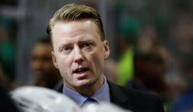 Glen Gulutzan talks on the while standing on the bench during the first period of an NHL hockey game in Dallas, Tuesday, Dec. 6, 2016. (AP Photo/LM Otero)