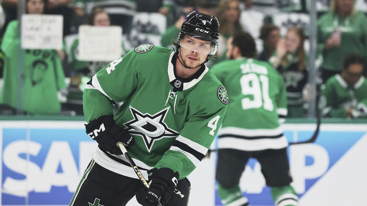Dallas Stars defenseman Miro Heiskanen warms up before Game 4 of a second-round NHL hockey playoff series against the Winnipeg Jets in Dallas, Tuesday, May 13, 2025. (AP Photo/Gareth Patterson)