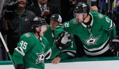 Dallas Stars center Matt Duchene (95) celebrates his shootout goal with teammate Brendan Smith (2) after regulation play during an NHL hockey game against the San Jose Sharks Tuesday, Oct. 15, 2024, in Dallas. (AP Photo/LM Otero)