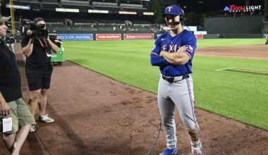 Texas Rangers' Wyatt Langford does post-game interview following a baseball game against the Baltimore Orioles, Sunday, June 30, 2024, in Baltimore. (AP Photo/Nick Wass)