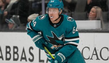 San Jose Sharks center Mikael Granlund (64) skates during an NHL hockey game, Jan. 4, 2025, in San Jose, Calif. (AP Photo/Jeff Chiu, File)