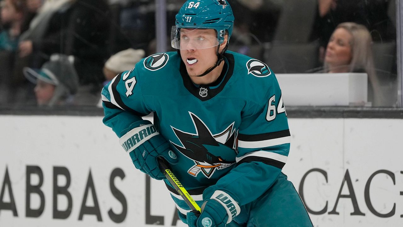 San Jose Sharks center Mikael Granlund (64) skates during an NHL hockey game, Jan. 4, 2025, in San Jose, Calif. (AP Photo/Jeff Chiu, File)