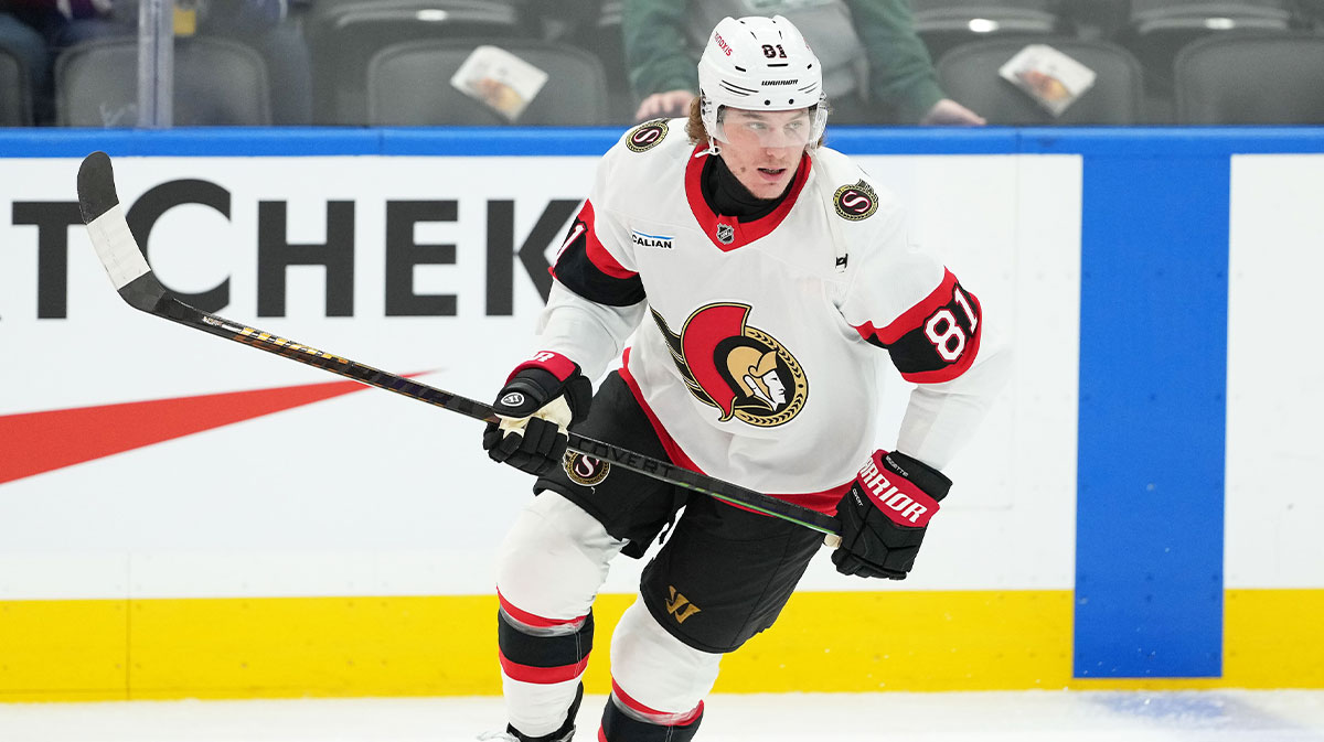 Ottawa Senators right wing Adam Gaudette (81) skates during the warmup before a game against the Toronto Maple Leafs at Scotiabank Arena.
