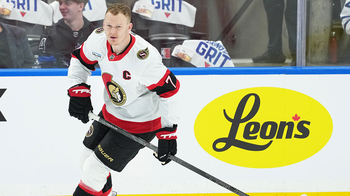 Ottawa Senators left wing Brady Tkachuk (7) skates during the warmup before game five of the first round of the 2025 Stanley Cup Playoffs against the Toronto Maple Leafs at Scotiabank Arena.