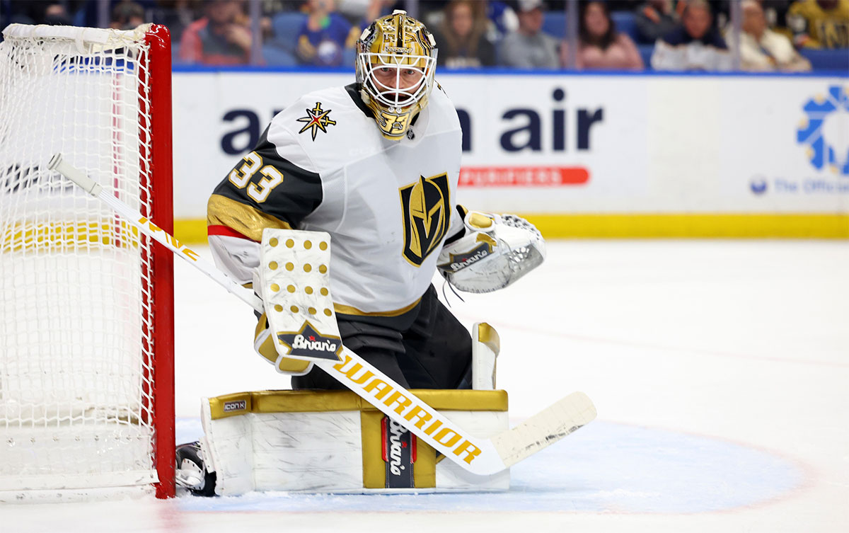 Vegas Golden Knights goaltender Adin Hill (33) looks for the puck during the second period against the Buffalo Sabres at KeyBank Center.