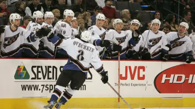 Jan 25, 2006; Pittsburgh, PA, USA; Washington Capitals left wing Alexander Ovechkin (8) is congratulated by his teammates after scoring a goal against the Pittsburgh Penguins at Mellon Arena.