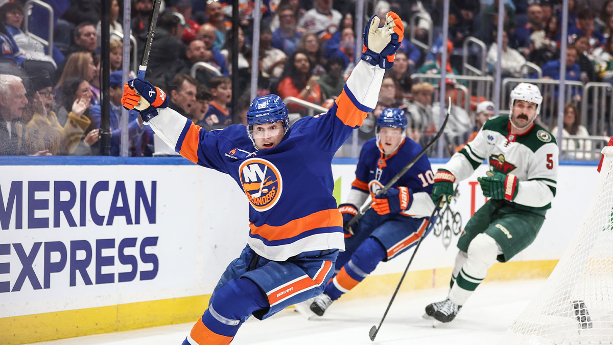 New York Islanders defenseman Alexander Romanov (28) celebrates in the second period against the Minnesota Wild at UBS Arena.