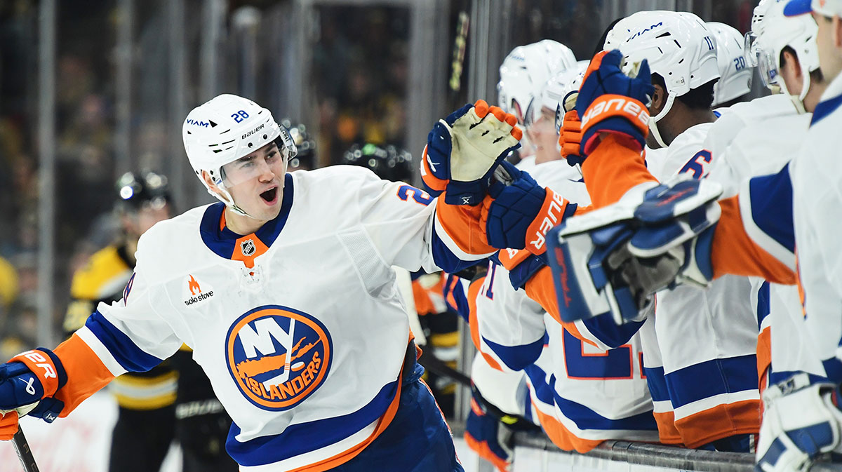 New York Islanders defenseman Alexander Romanov (28) celebrates his goal with his teammates during the first period against the Boston Bruins at TD Garden