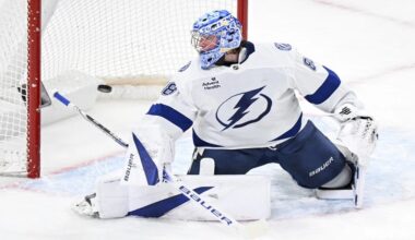 Tampa Bay Lightning goaltender Andrei Vasilevskiy is scored against by Montreal Canadiens' Brendan Gallagher during first-period NHL hockey game action in Montreal, Sunday, Feb. 9, 2025. (Graham Hughes/The Canadian Press via AP)