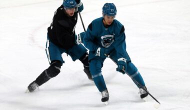San Jose Sharks' Michael Misa works with Partick Marleau, Joe Thornton
