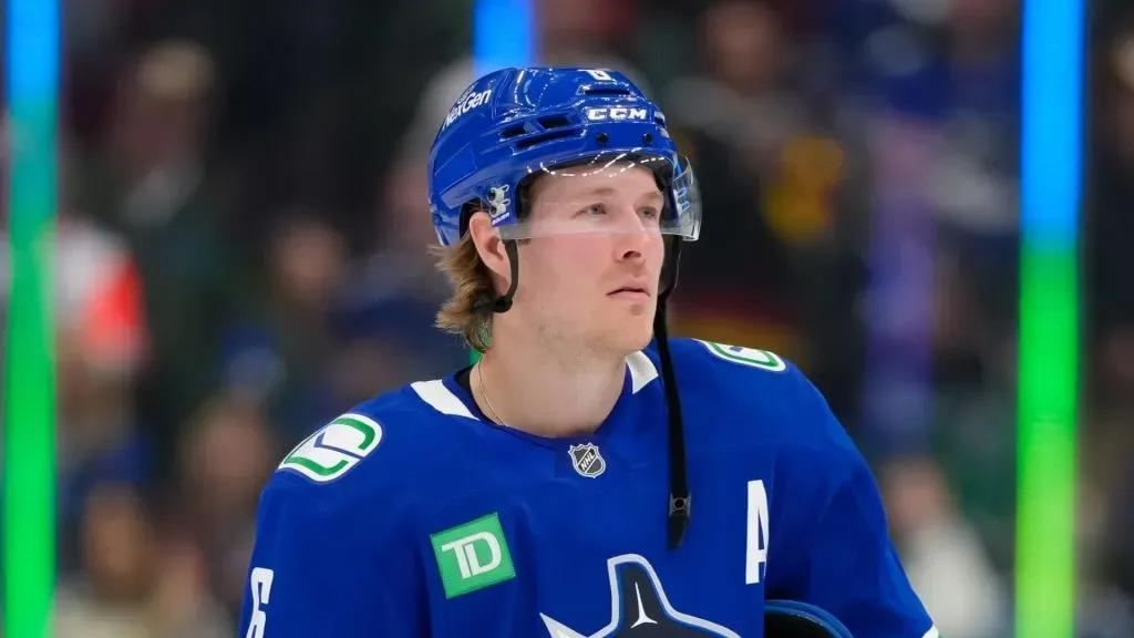 Brock Boeser #6 of the Vancouver Canucks looks on after their final regular season NHL game against the Vegas Golden Knights at Rogers Arena on April 16, 2025 in Vancouver, Canada.