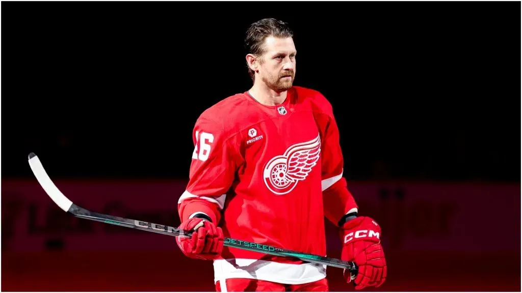 Jeff Petry #46 of the Detroit Red Wings is introduced before a game against the Pittsburgh Penguins at Little Caesars Arena on October 10, 2024 in Detroit, Michigan.