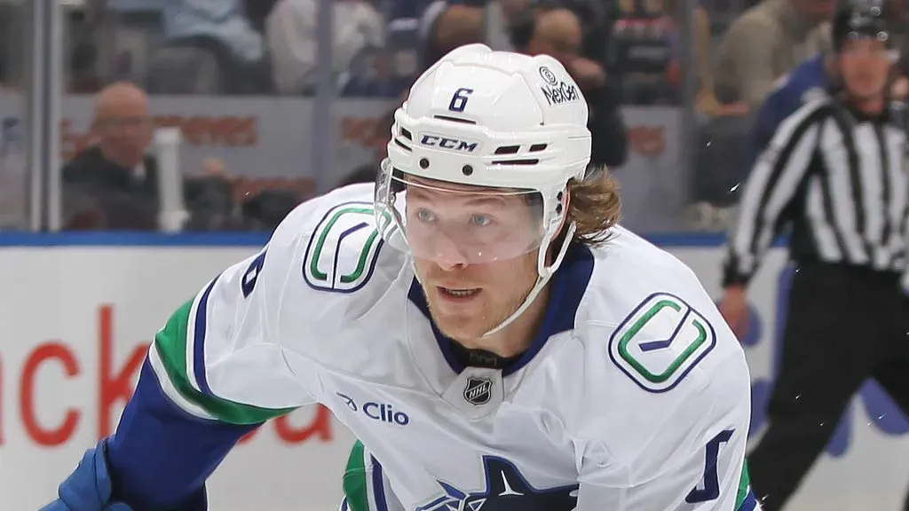 Brock Boeser #6 of the Vancouver Canucks skates against the Toronto Maple Leafs during the third period in an NHL game