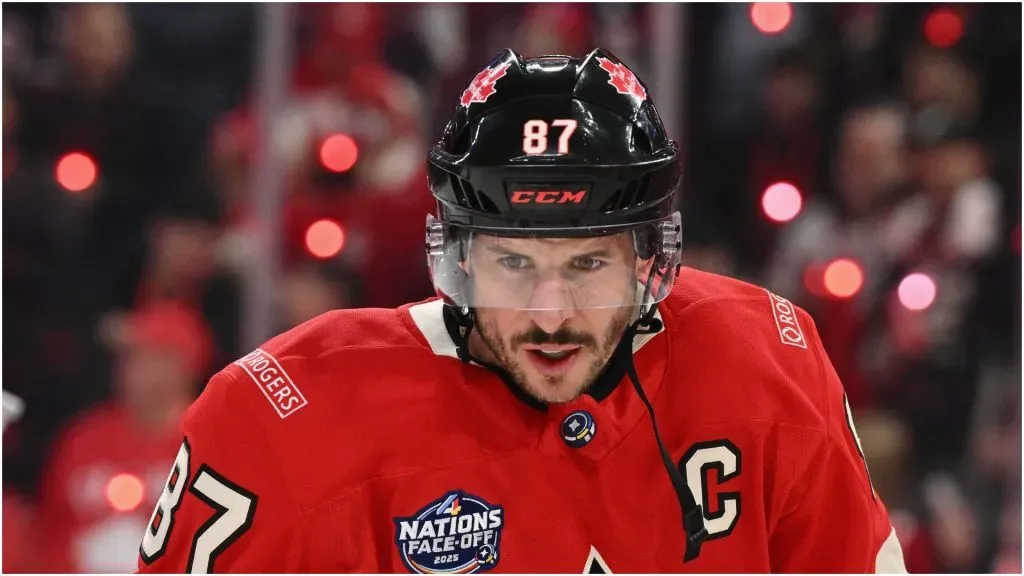 Sidney Crosby #87 of Team Canada warms up prior to a game against Team USA in the 4 Nations Face-Off game at the Bell Centre on February 15, 2025 in Montreal, Quebec, Canada.