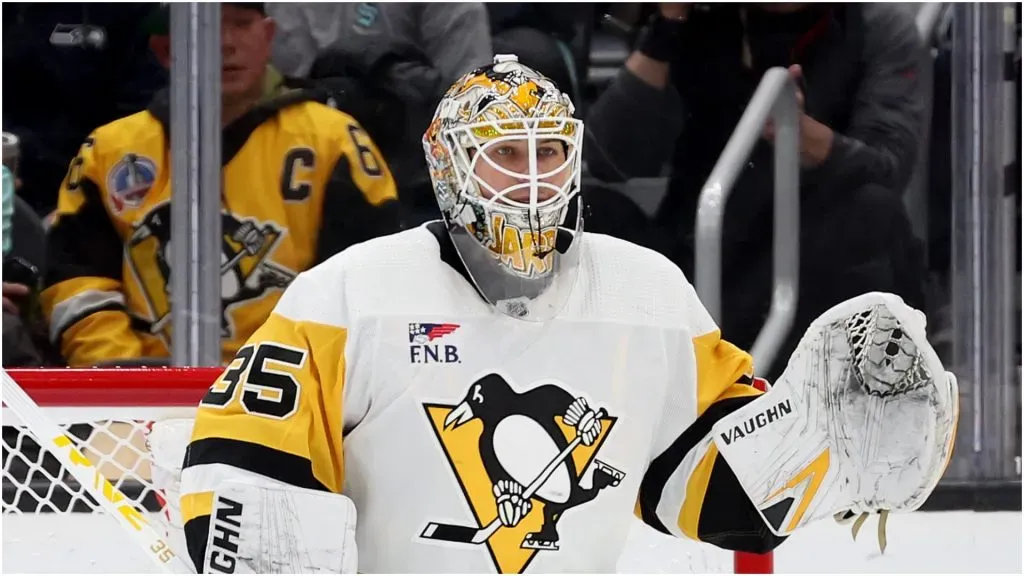 Tristan Jarry #35 of the Pittsburgh Penguins tends net against the Seattle Kraken during the third period at Climate Pledge Arena on February 29, 2024 in Seattle, Washington.