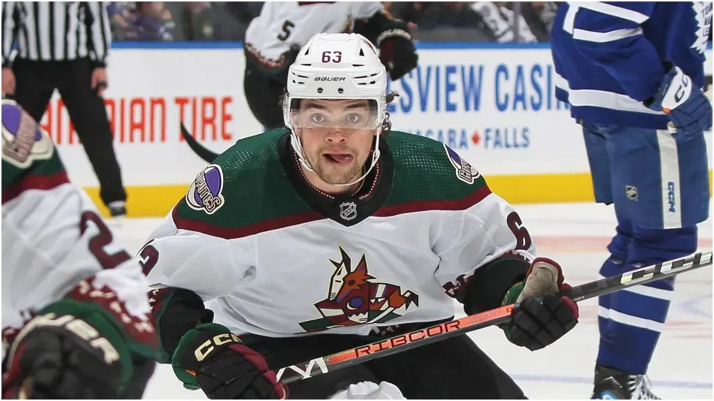 Matias Maccelli #63 of the Arizona Coyotes skates against the Toronto Maple Leafs during the third period in an NHL game at Scotiabank Arena on February 29, 2024 in Toronto, Ontario, Canada.