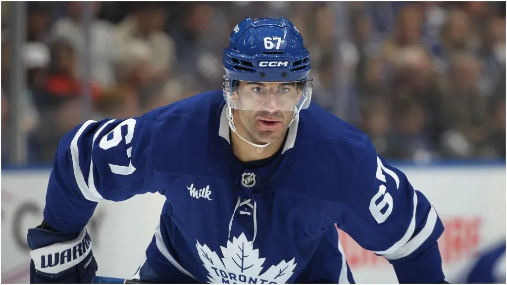 Max Pacioretty #67 of the Toronto Maple Leafs waits for a puck drop against the Pittsburgh Penguins during the 2nd period in an NHL game at Scotiabank Arena in Toronto, Ontario, Canada.