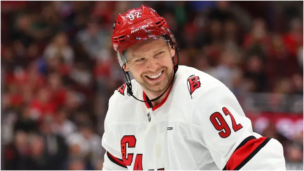 Evgeny Kuznetsov #92 of the Carolina Hurricanes laughs against the Chicago Blackhawks during the second period at the United Center on April 14, 2024 in Chicago, Illinois.