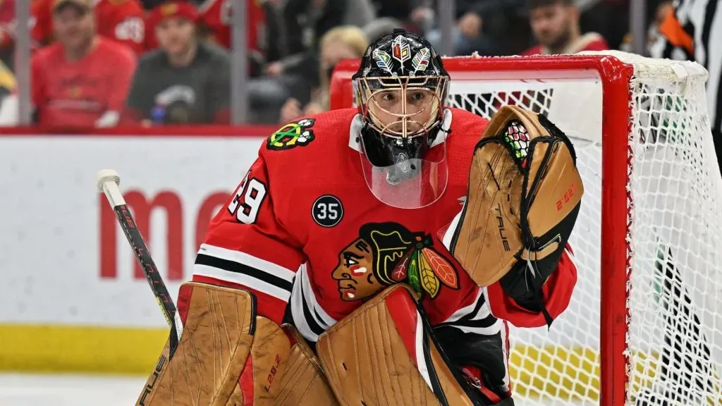 Goaltender Marc-Andre Fleury #29 of the Chicago Blackhawks defends the net against the Boston Bruins on March 15, 2022 at the United Center in Chicago, Illinois.