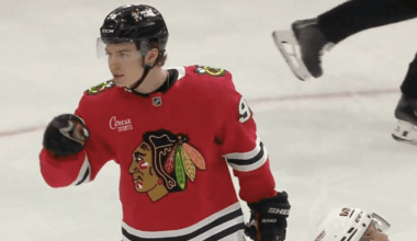 Connor Bedard #98, celebrates after scoring a goal against the Nashville Predators.