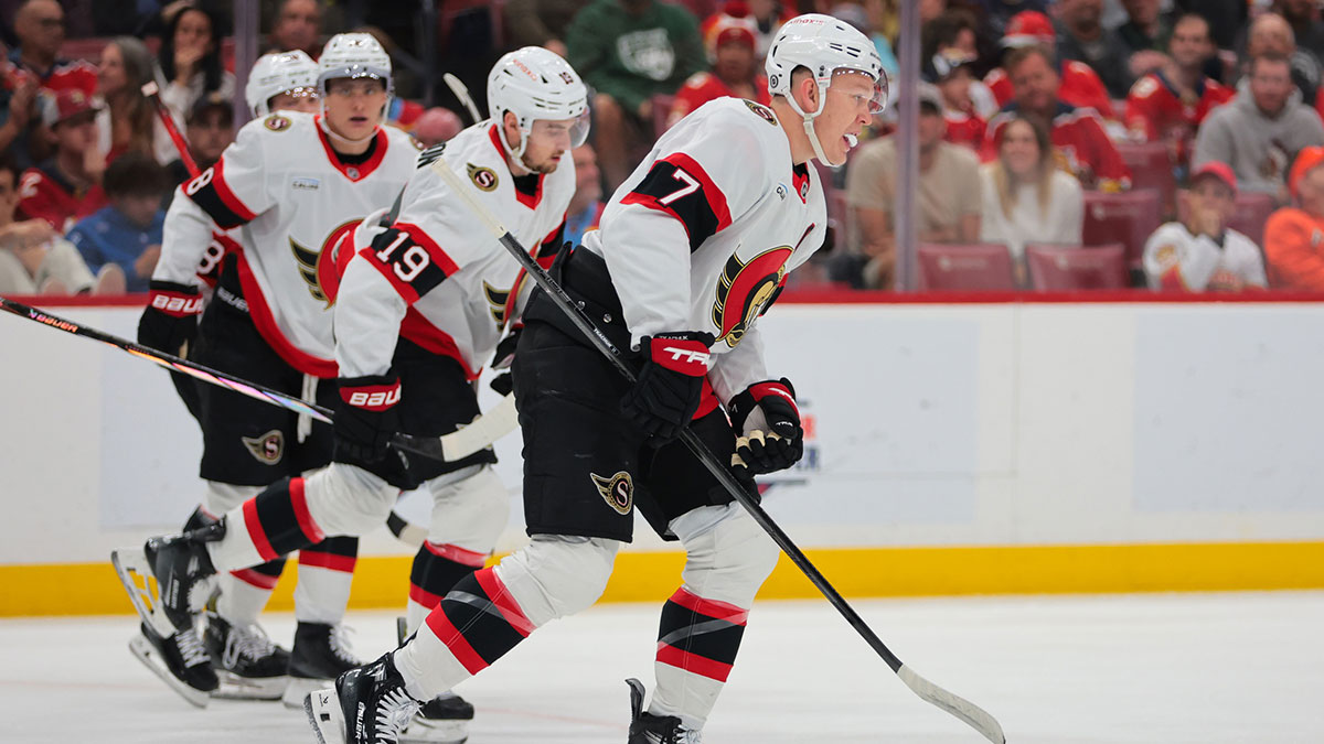 Ottawa Senators left wing Brady Tkachuk (7) looks on after scoring against the Florida Panthers during the first period at Amerant Bank Arena.
