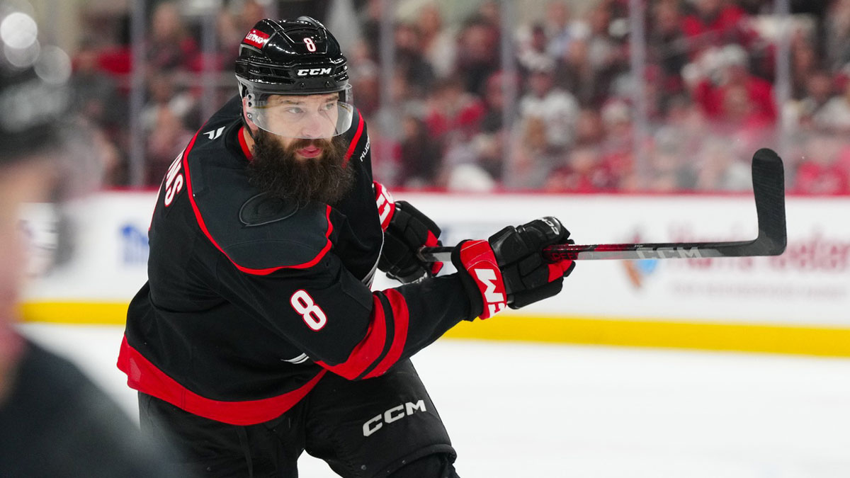Carolina Hurricanes defenseman Brent Burns (8) takes a shot against the Washington Capitals during the third period in game three of the second round of the 2025 Stanley Cup Playoffs at Lenovo Center.