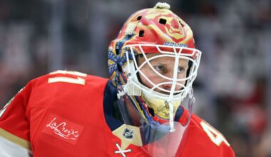 Vitek Vanecek #41 of the Florida Panthers Utah Mammoth...