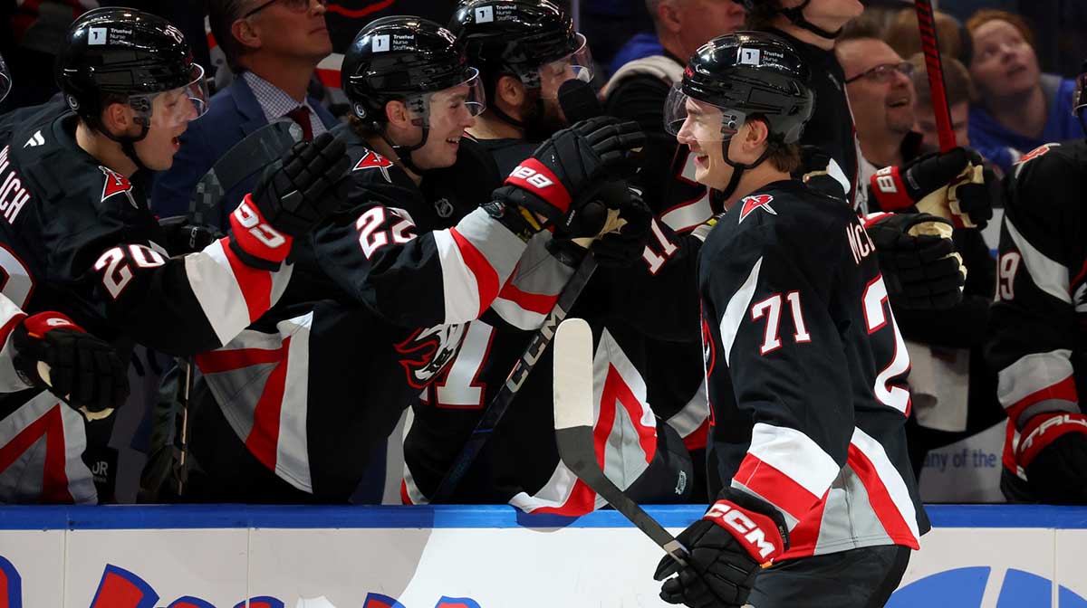 Buffalo Sabres center Ryan McLeod (71) celebrates his goal with teammates during the third period against the Philadelphia Flyers at KeyBank Center