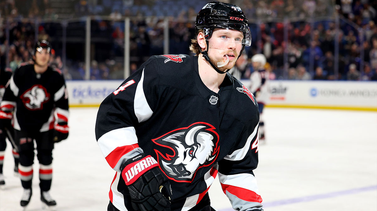 Buffalo Sabres defenseman Bowen Byram (4) celebrates his goal during the first period against the Columbus Blue Jackets at KeyBank Center