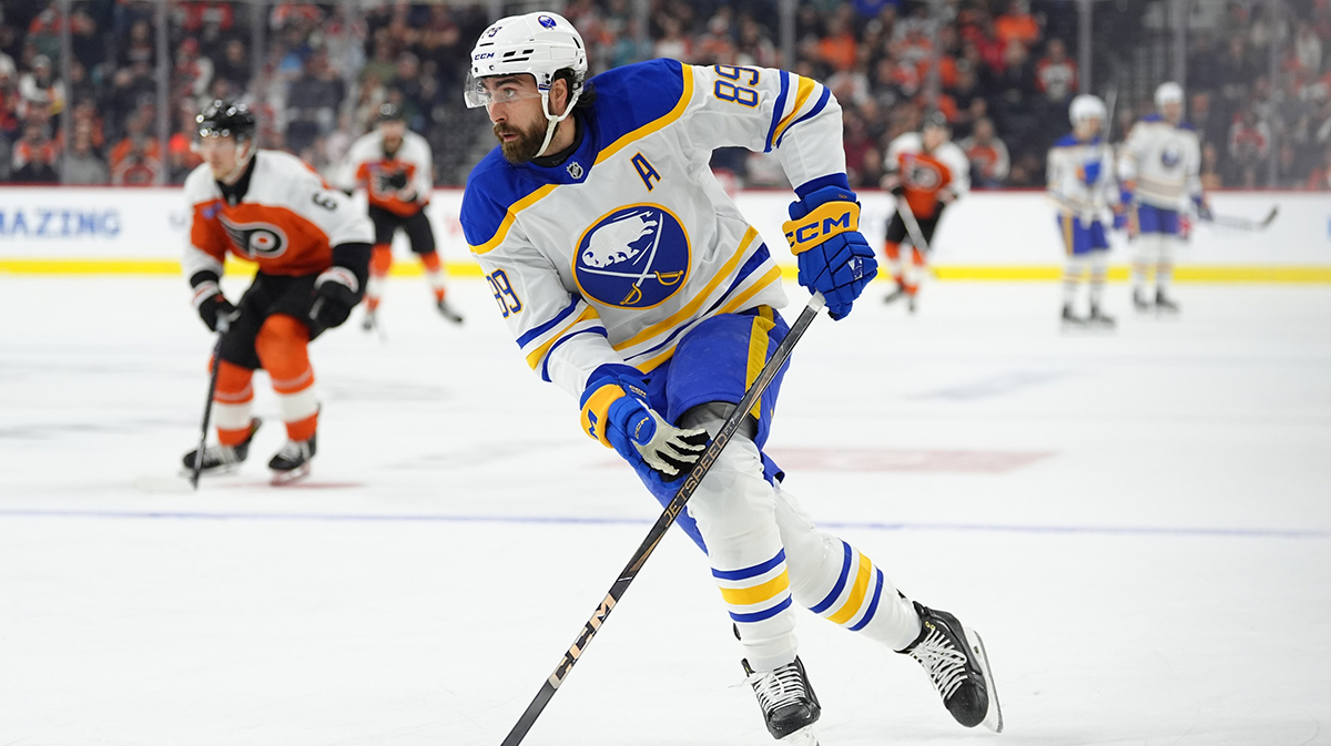 Buffalo Sabres right wing Alex Tuch (89) controls the puck against the Philadelphia Flyers in the first period at Wells Fargo Center.
