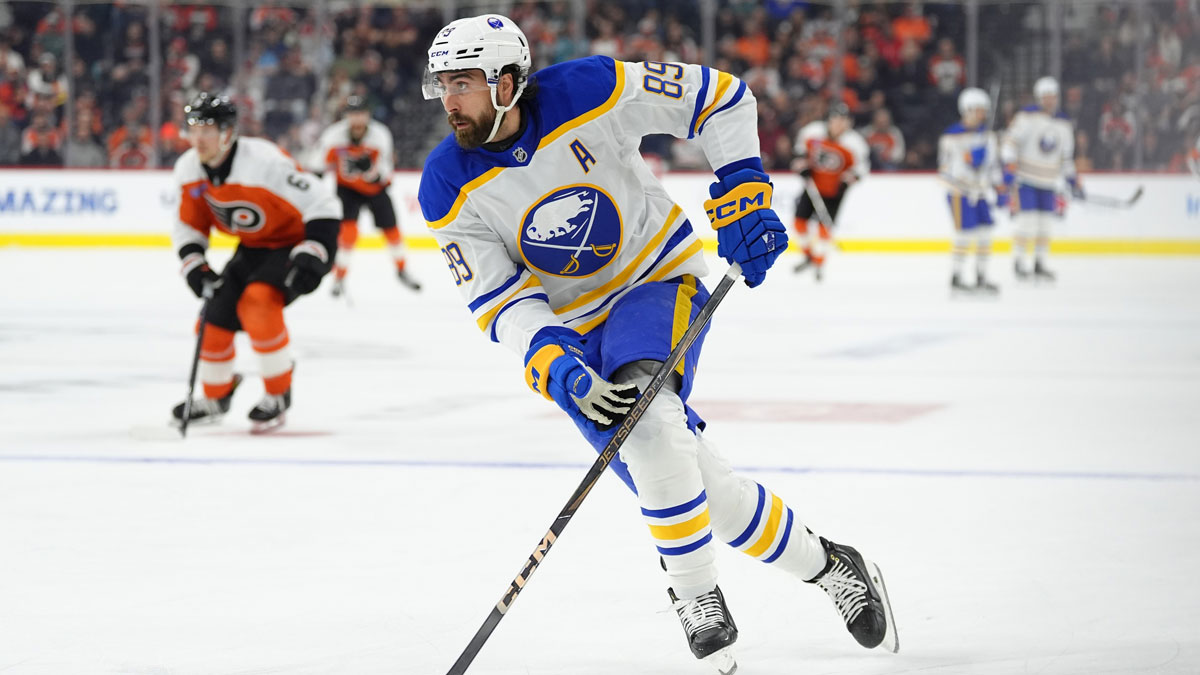 Buffalo Sabres right wing Alex Tuch (89) controls the puck against the Philadelphia Flyers in the first period at Wells Fargo Center.